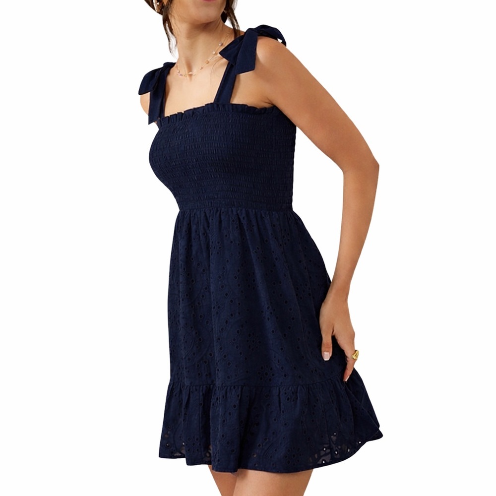 Blue Rain Francesca’s Loretta Tie Strap Eyelet Mini
Dress Dark Blue Large